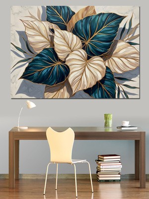 Karizma Tablo Mavi ve Yeşil Yapraklar Botanik Dekoratif Kanvas - Mdf Ahşap Tablo