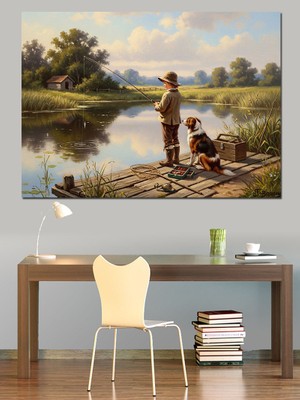 Karizma Tablo Göl Kenarında Köpeğiyle Balık Tutan Çocuk Dekoratif Kanvas - Mdf Ahşap Tablo