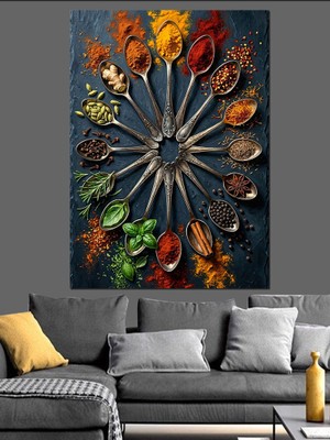 Karizma Tablo Kaşıklarda Renkli Baharatlar Dairesel Kompozisyon Dekoratif Kanvas - Mdf Ahşap Tablo