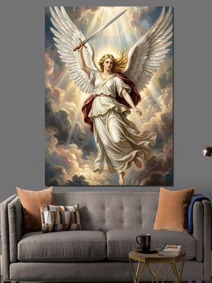 Karizma Tablo Kılıç Tutan Görkemli Kanatlı Melek Dekoratif Kanvas - Mdf Ahşap Tablo