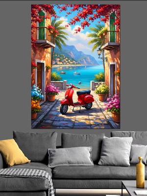 Karizma Tablo Kırmızı Scooter ve Akdeniz Manzarası Dekoratif Kanvas - Mdf Ahşap Tablo