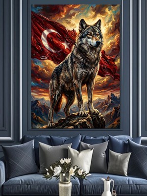 Karizma Tablo Ay Yıldızlı Türk Bayraklı Bozkurt Dekoratif Kanvas - Mdf Ahşap Tablo