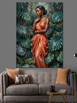 Karizma Tablo Egzotik Yapraklar Arasında Zarif Kadın Dekoratif Kanvas - Mdf Ahşap Tablo