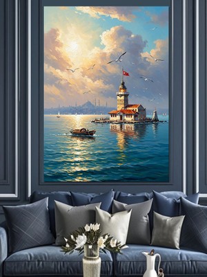 Karizma Tablo Deniz Ortasında Kız Kulesi ve Ay Dekoratif Kanvas - Mdf Ahşap Tablo