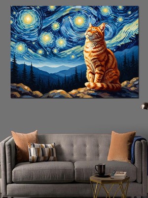 Karizma Tablo Yıldızlı Gece Altında Oturan Kedi Dekoratif Kanvas - Mdf Ahşap Tablo