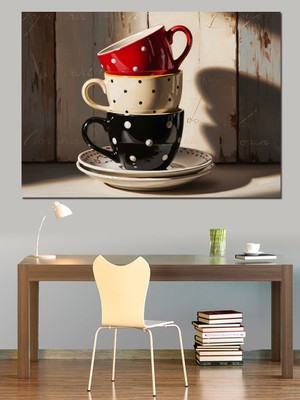 Karizma Tablo Üst Üste Dizilmiş Benekli Fincanlar Dekoratif Kanvas - Mdf Ahşap Tablo