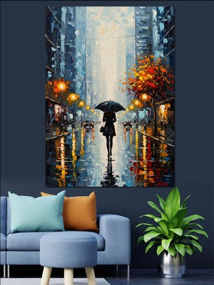 Karizma Tablo Yağmurlu Gecede Şemsiyeli Şehir Sokakları Dekoratif Kanvas - Mdf Ahşap Tablo