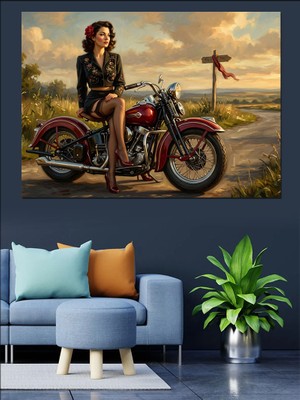 Karizma Tablo Motosiklet Üzerinde Poz Veren Kadın Dekoratif Kanvas - Mdf Ahşap Tablo