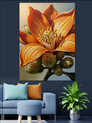 Karizma Tablo Açılmış Turuncu Çiçek ve Tomurcuk Dekoratif Kanvas - Mdf Ahşap Tablo