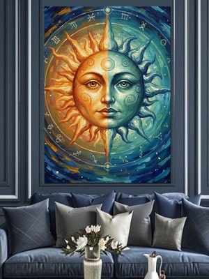 Karizma Tablo Yüzü Güneş Şeklinde Mistik Ay Dekoratif Kanvas - Mdf Ahşap Tablo