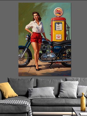 Karizma Tablo Petrol Ofisi Önünde Retro Kadın Dekoratif Kanvas - Mdf Ahşap Tablo