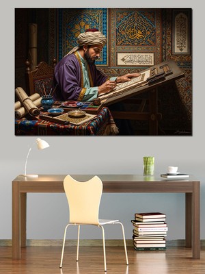 Karizma Tablo Masasında Çalışan Eski Zaman Hattatı Dekoratif Kanvas - Mdf Ahşap Tablo