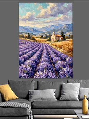 Karizma Tablo Lavanta Tarlası ve Dağ Evi Dekoratif Kanvas - Mdf Ahşap Tablo