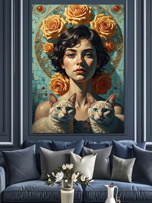 Karizma Tablo Çiçekler Arasında Altın Haleli Kadın Dekoratif Kanvas - Mdf Ahşap Tablo