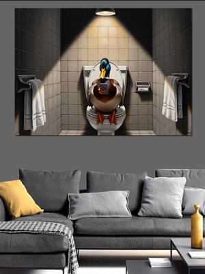 Karizma Tablo Tuvalette Gazete Okuyan Ördek Dekoratif Kanvas - Mdf Ahşap Tablo
