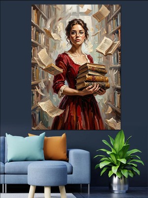 Karizma Tablo Kütüphanede Kitap Tutan Genç Kadın Dekoratif Kanvas - Mdf Ahşap Tablo