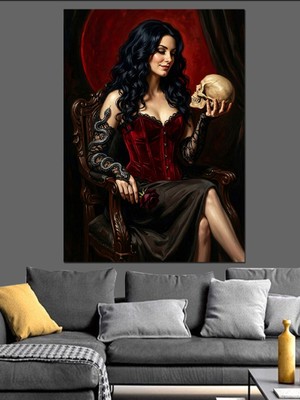 Karizma Tablo Elinde Kurukafa Tutan Gotik Kadın Dekoratif Kanvas - Mdf Ahşap Tablo