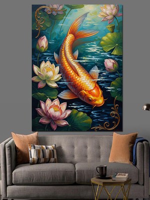 Karizma Tablo Nilüferler Arasında Turuncu Koi Balığı Dekoratif Kanvas - Mdf Ahşap Tablo