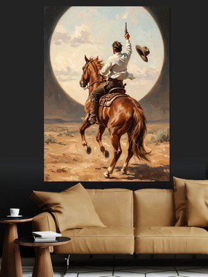 Karizma Tablo Çölde At Süren Kovboy Silüeti Dekoratif Kanvas - Mdf Ahşap Tablo