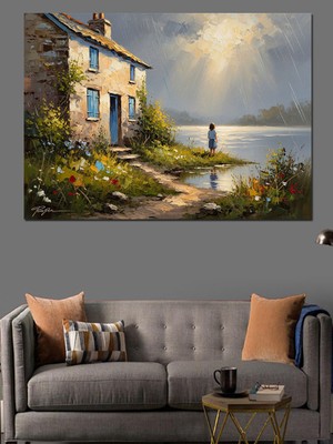 Karizma Tablo Göl Kenarında Çiçekli Taş Ev Dekoratif Kanvas - Mdf Ahşap Tablo