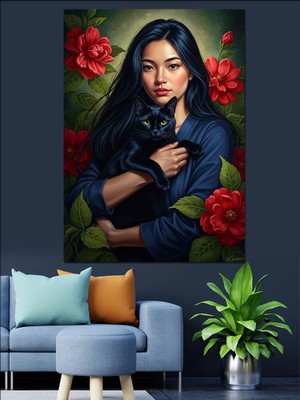 Karizma Tablo Kedisine Sarılan Güzel Kadın Portresi Dekoratif Kanvas - Mdf Ahşap Tablo