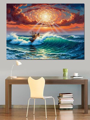 Karizma Tablo Gün Batımında Dev Dalgalar Tablosu Dekoratif Kanvas - Mdf Ahşap Tablo
