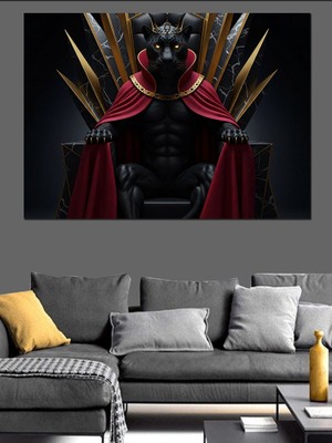 Karizma Tablo Tahtında Oturan Kaslı Kral Siyah Panter Dekoratif Kanvas - Mdf Ahşap Tablo