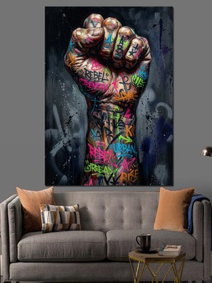 Karizma Tablo Grafiti Desenli Sıkılı Yumruk Illüstrasyonu Dekoratif Kanvas - Mdf Ahşap Tablo
