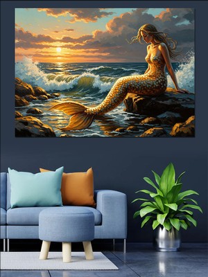 Karizma Tablo Deniz Kıyısında Oturan Deniz Kızı Dekoratif Kanvas - Mdf Ahşap Tablo