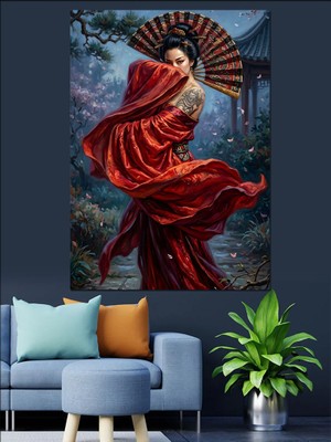 Karizma Tablo Kırmızı Yelpazeli Geleneksel Japon Kadını Dekoratif Kanvas - Mdf Ahşap Tablo