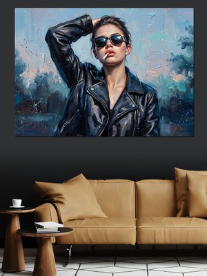 Karizma Tablo Deri Ceketli Havalı Kadın Portresi Dekoratif Kanvas - Mdf Ahşap Tablo