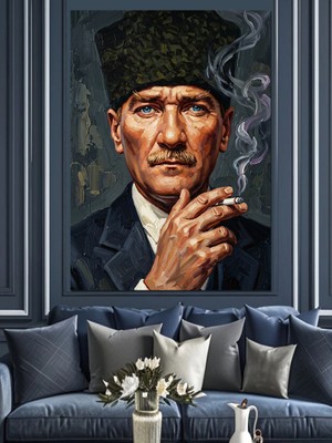 Karizma Tablo Kalpaklı ve Sigara Içen Atatürk Dekoratif Kanvas - Mdf Ahşap Tablo