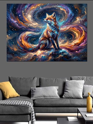 Karizma Tablo Yıldızlar Arasında Oturan Mistik Tilki Dekoratif Kanvas - Mdf Ahşap Tablo