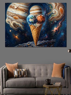 Karizma Tablo Uzayda Gezegenler ve Dondurma Külahı Dekoratif Kanvas - Mdf Ahşap Tablo
