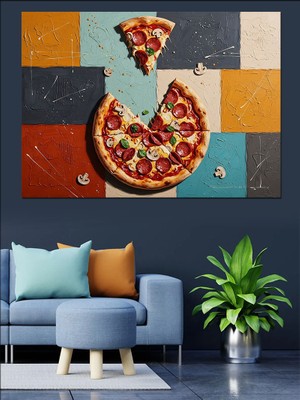 Karizma Tablo Tahta Zemin Üzerinde Pizza Dilimi Dekoratif Kanvas - Mdf Ahşap Tablo