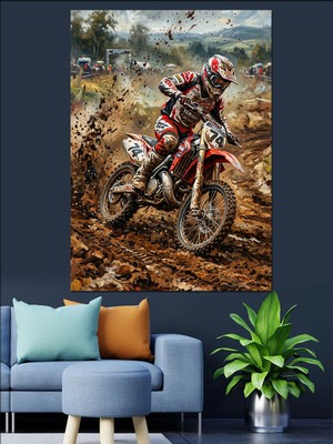 Karizma Tablo Tozlu Yolda Ilerleyen Motokros Sürücüsü Dekoratif Kanvas - Mdf Ahşap Tablo