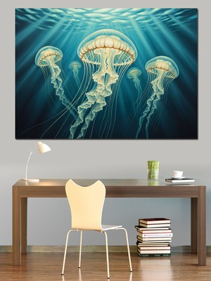 Karizma Tablo Suyun Altında Parlayan Işıklı Denizanası Dekoratif Kanvas - Mdf Ahşap Tablo