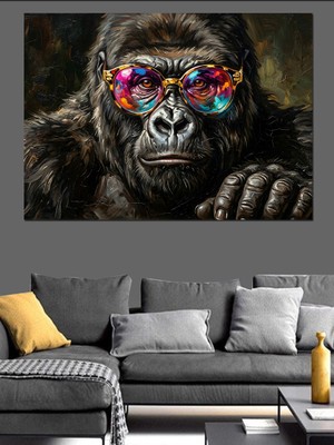 Karizma Tablo Gözlüklü ve Karizmatik Goril Portresi Dekoratif Kanvas - Mdf Ahşap Tablo