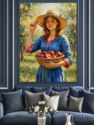 Karizma Tablo Elinde Elma Sepeti Tutan Köylü Kadın Dekoratif Kanvas - Mdf Ahşap Tablo