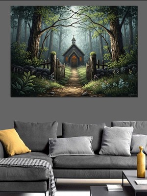 Karizma Tablo Orman Yolunda Küçük Ahşap Kilise Dekoratif Kanvas - Mdf Ahşap Tablo