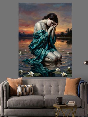 Karizma Tablo Su Kenarında Diz Çökmüş Hüzünlü Kadın Dekoratif Kanvas - Mdf Ahşap Tablo