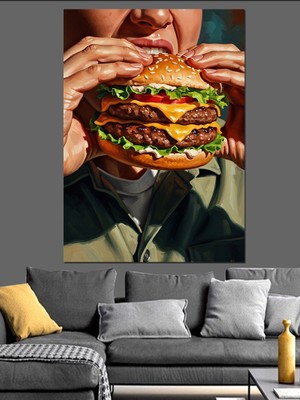 Karizma Tablo Dev Hamburger Yiyen Adam Portresi Dekoratif Kanvas - Mdf Ahşap Tablo