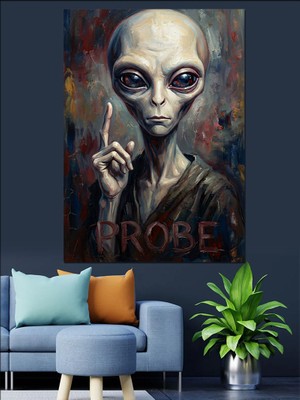 Karizma Tablo Uzayda Düşünen Gri Uzaylı Portresi Dekoratif Kanvas - Mdf Ahşap Tablo