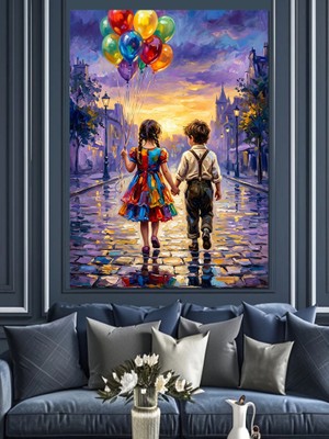 Karizma Tablo Balon Tutan El Ele Çocuklar Dekoratif Kanvas - Mdf Ahşap Tablo