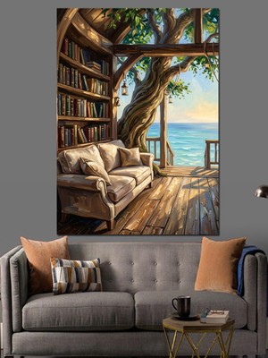 Karizma Tablo Pencere Kenarında Kütüphane ve Deniz Dekoratif Kanvas - Mdf Ahşap Tablo