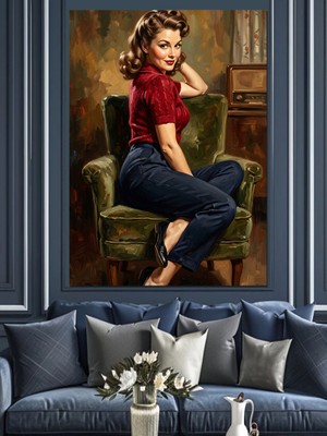 Karizma Tablo Yeşil Koltukta Oturan Şık Kadın Dekoratif Kanvas - Mdf Ahşap Tablo