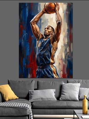 Karizma Tablo Basketbol Atışı Yapan Oyuncu Figürü Dekoratif Kanvas - Mdf Ahşap Tablo