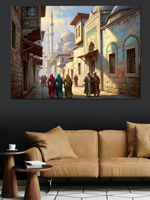 Karizma Tablo Tarihi Sokakta Yürüyen Yerel Insanlar Dekoratif Kanvas - Mdf Ahşap Tablo