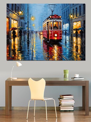 Karizma Tablo Islak Sokakta Kırmızı Nostaljik Tramvay Dekoratif Kanvas - Mdf Ahşap Tablo