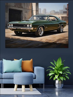 Karizma Tablo Yolda Ilerleyen Yeşil Klasik Araba Dekoratif Kanvas - Mdf Ahşap Tablo